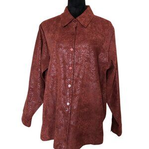 Relativity Faux Suede Textured Button-Up Shirt: Long-Sleeved Rust Brown Size 1X